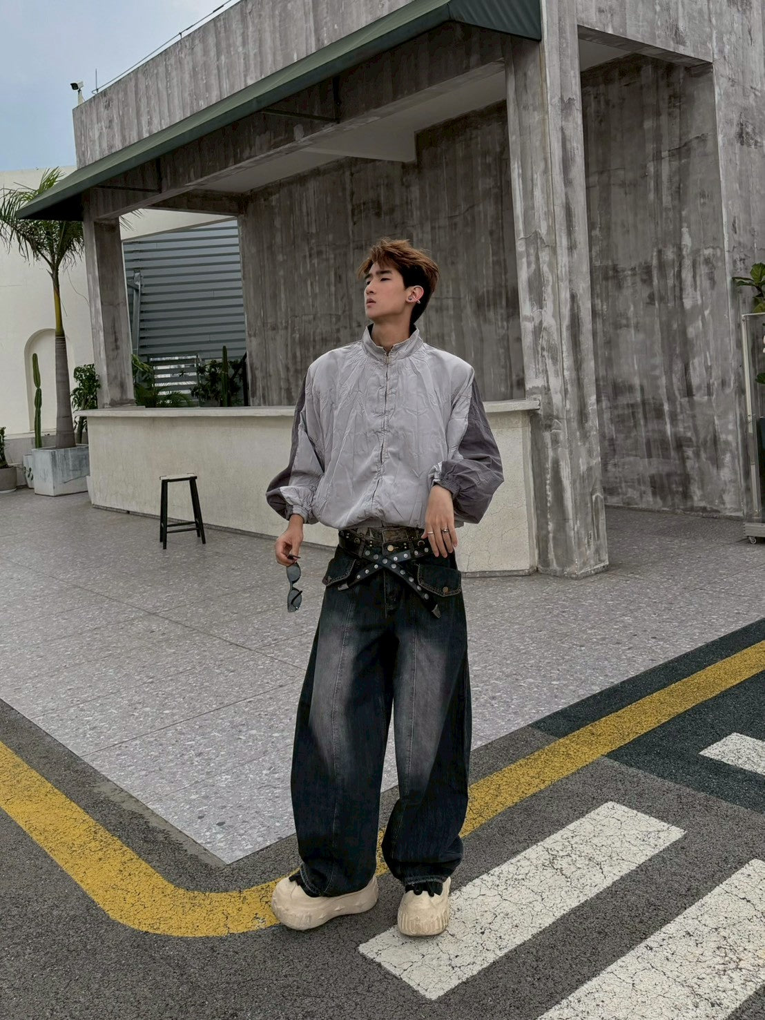皺褶拼接棉感尼龍外套