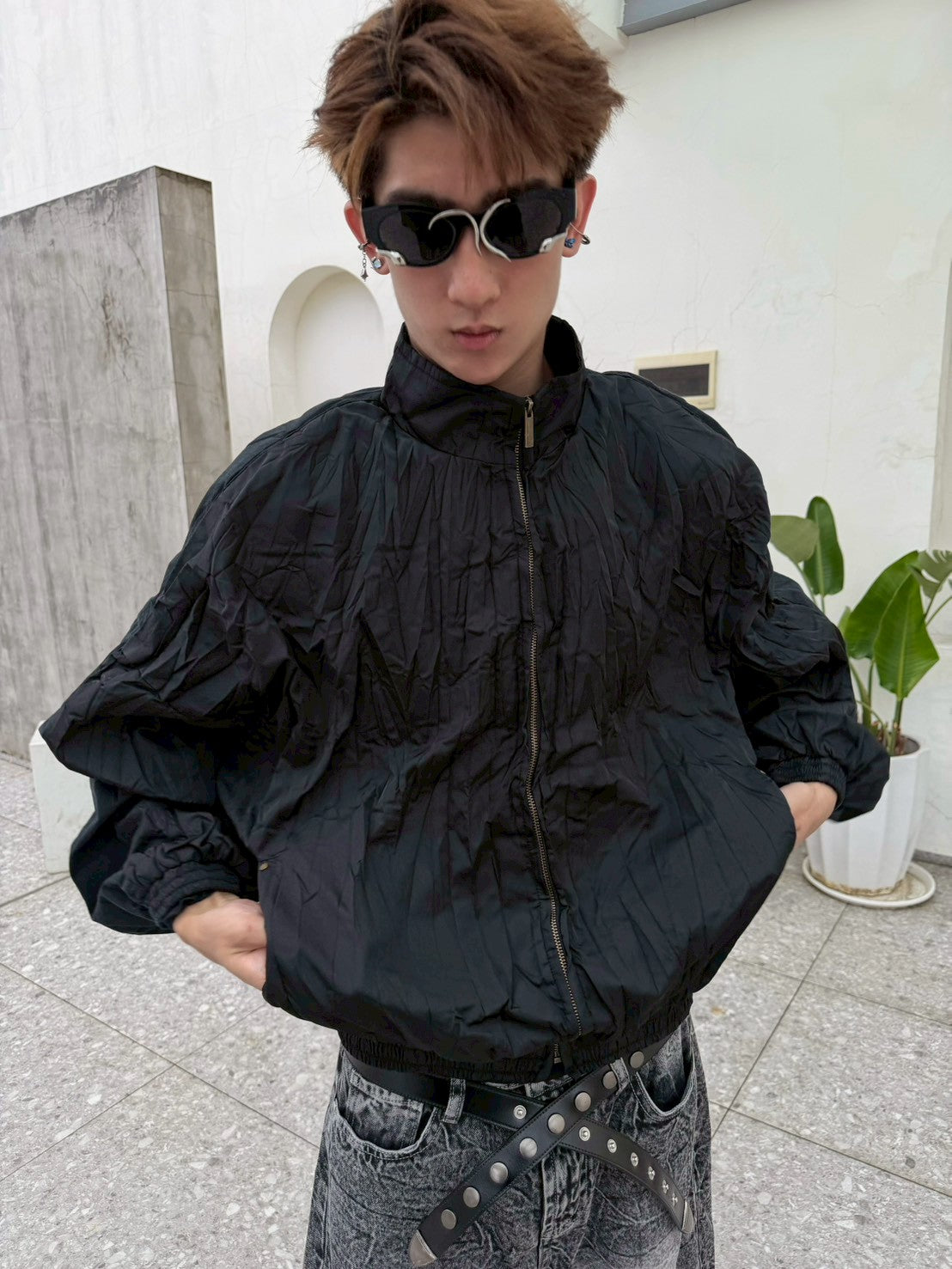 皺褶拼接棉感尼龍外套