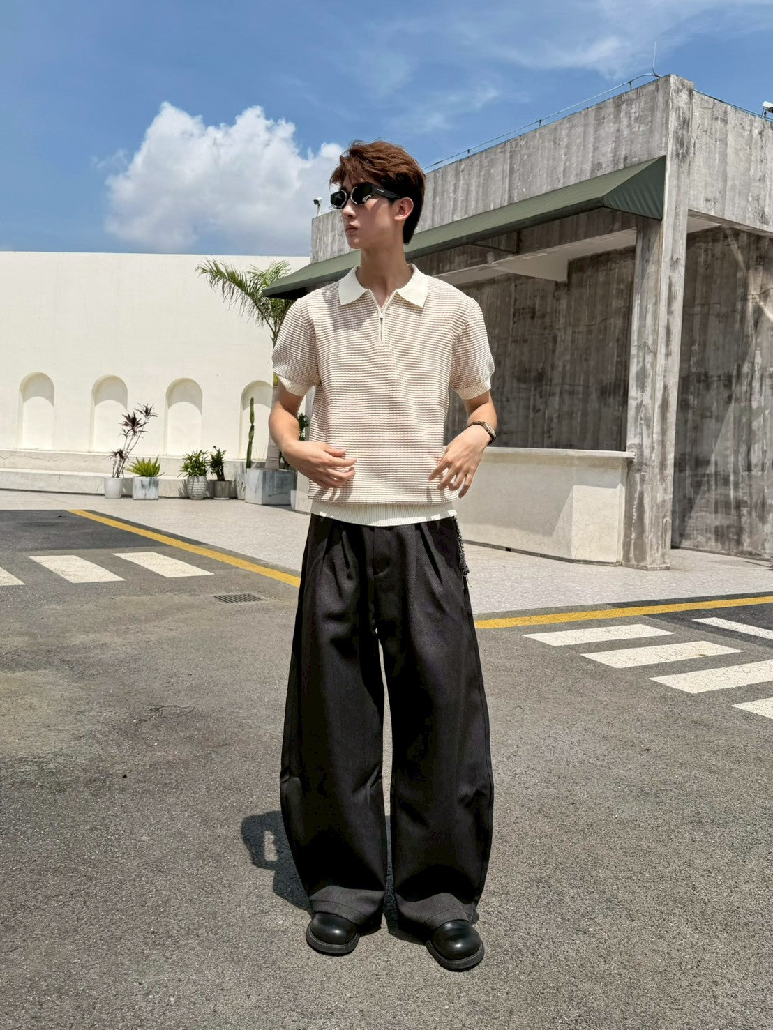 雙色立體編織翻領衫