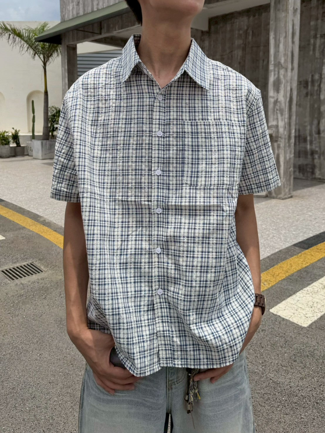 細格紋泡泡紗襯衫