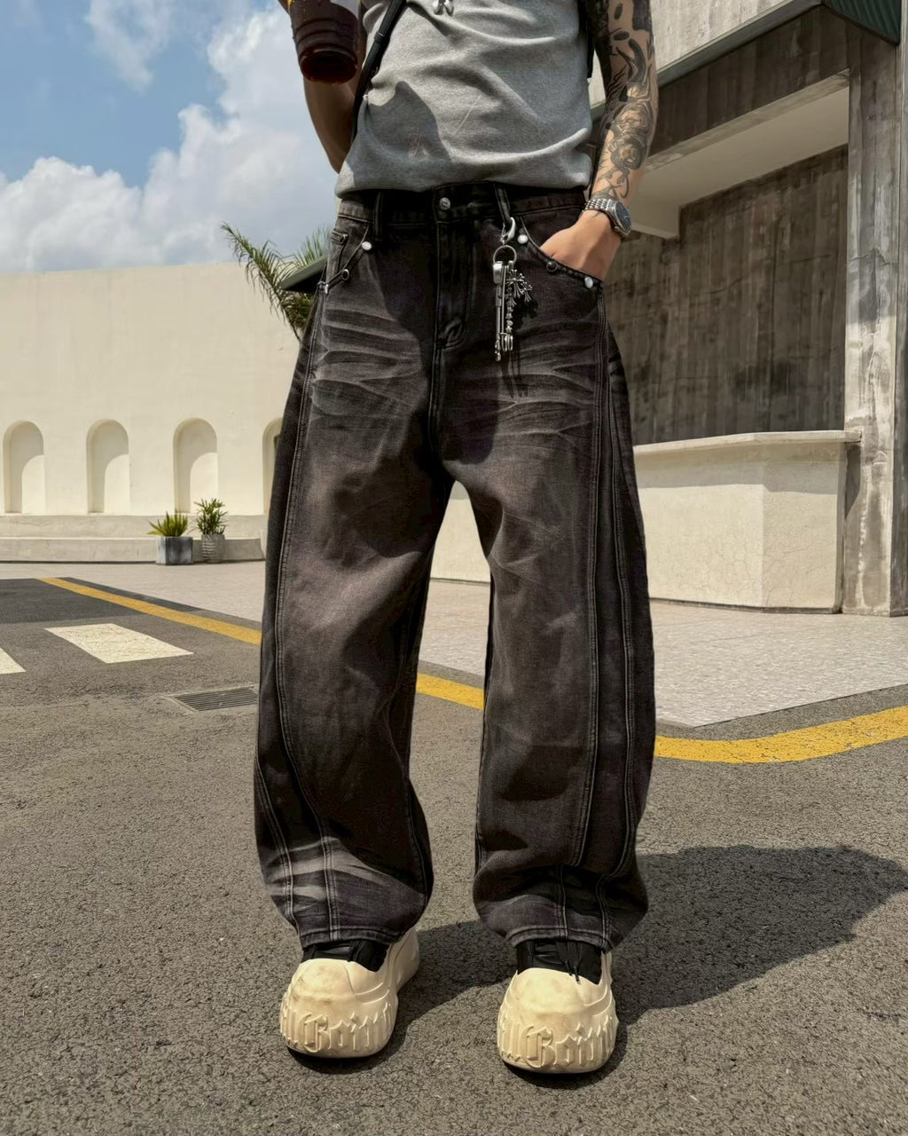寶石解構裁片彎刀牛仔褲