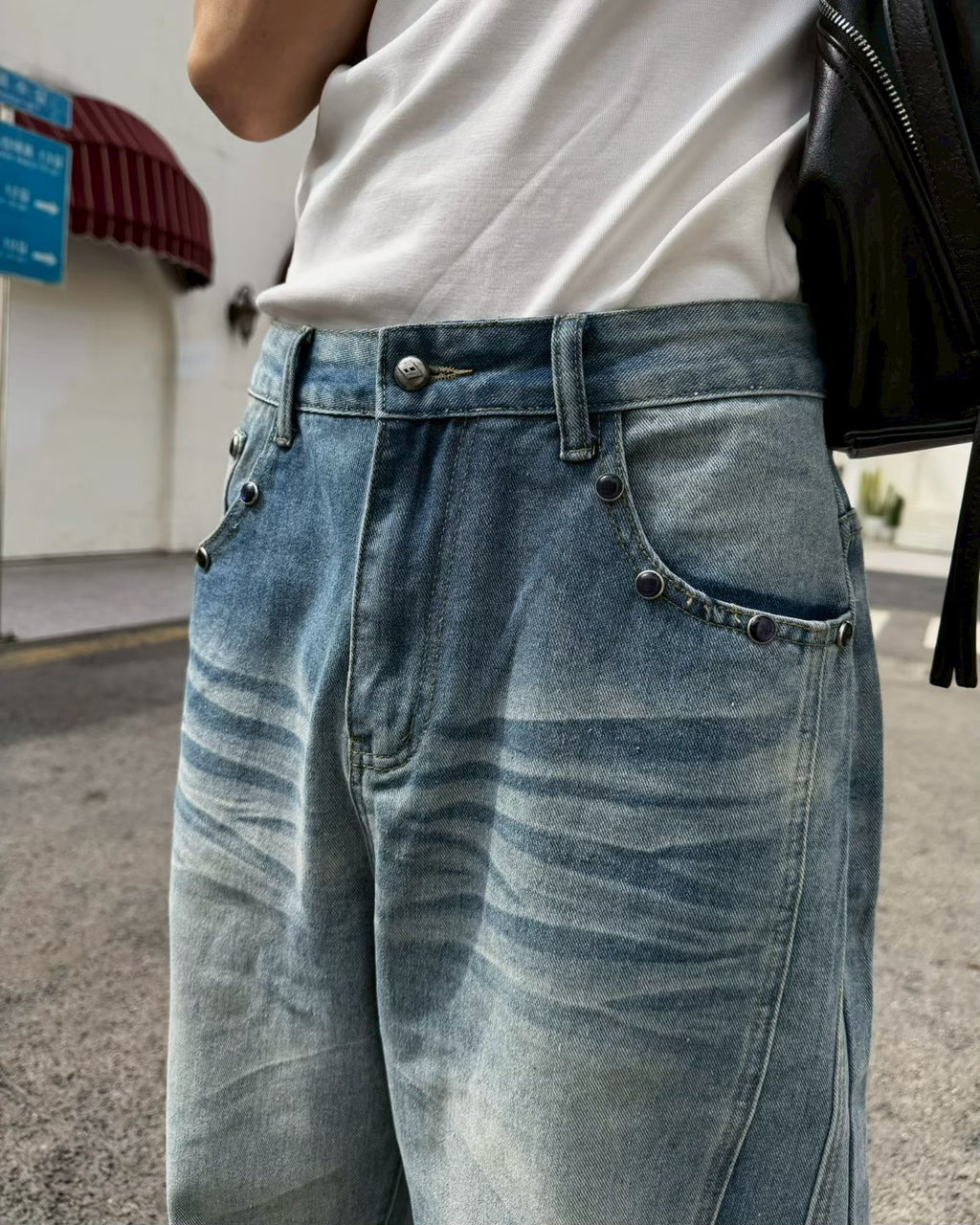 寶石解構裁片彎刀牛仔褲
