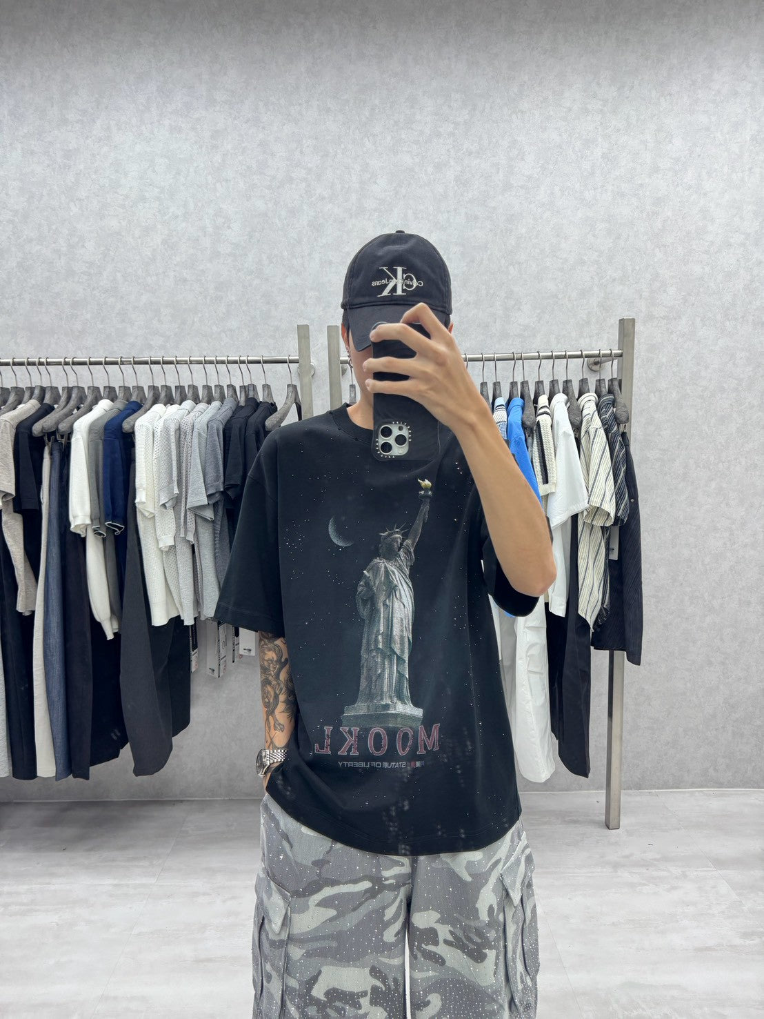滿鑽自由女神水洗雷噴厚磅短袖