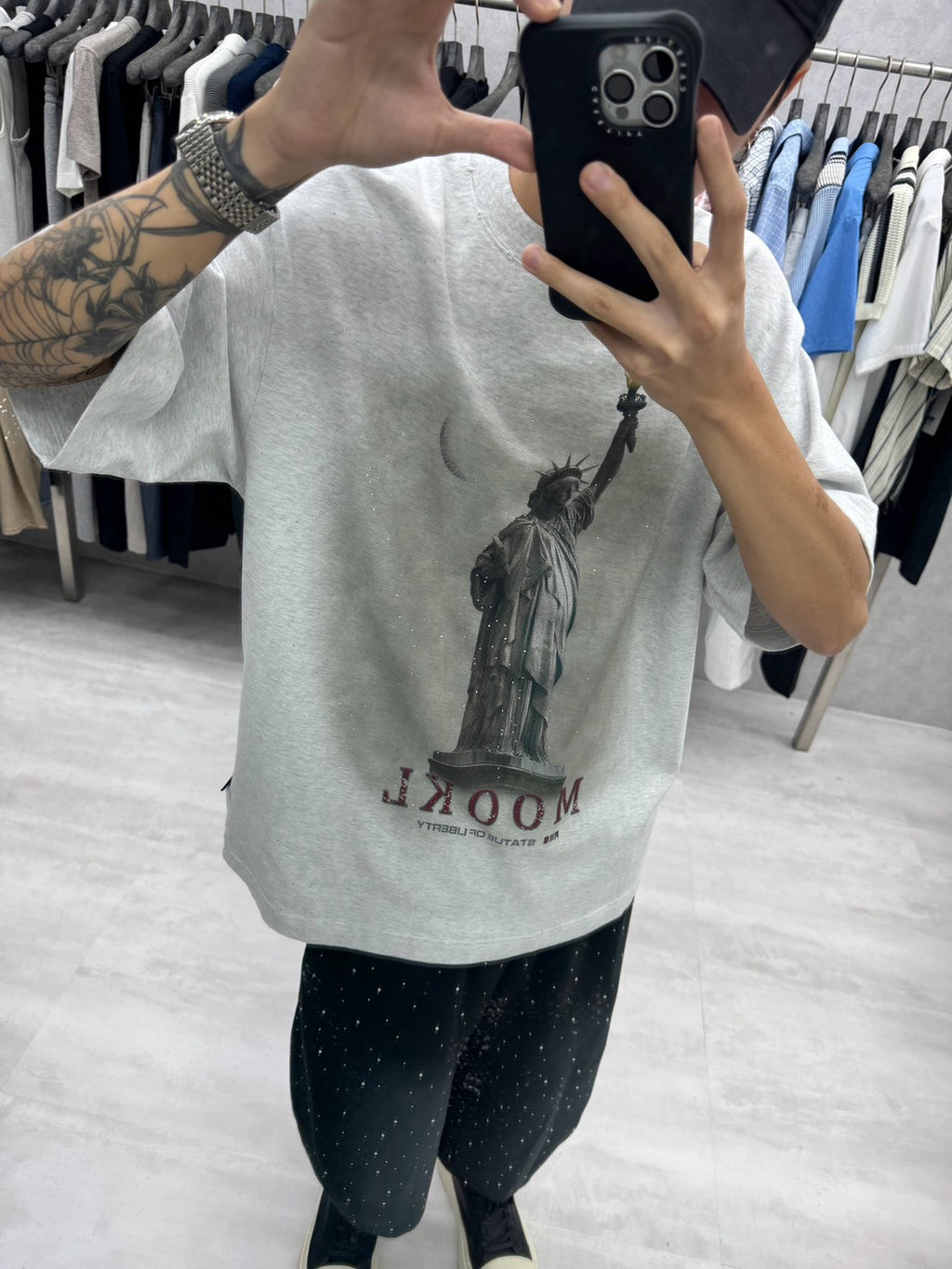 滿鑽自由女神水洗雷噴厚磅短袖