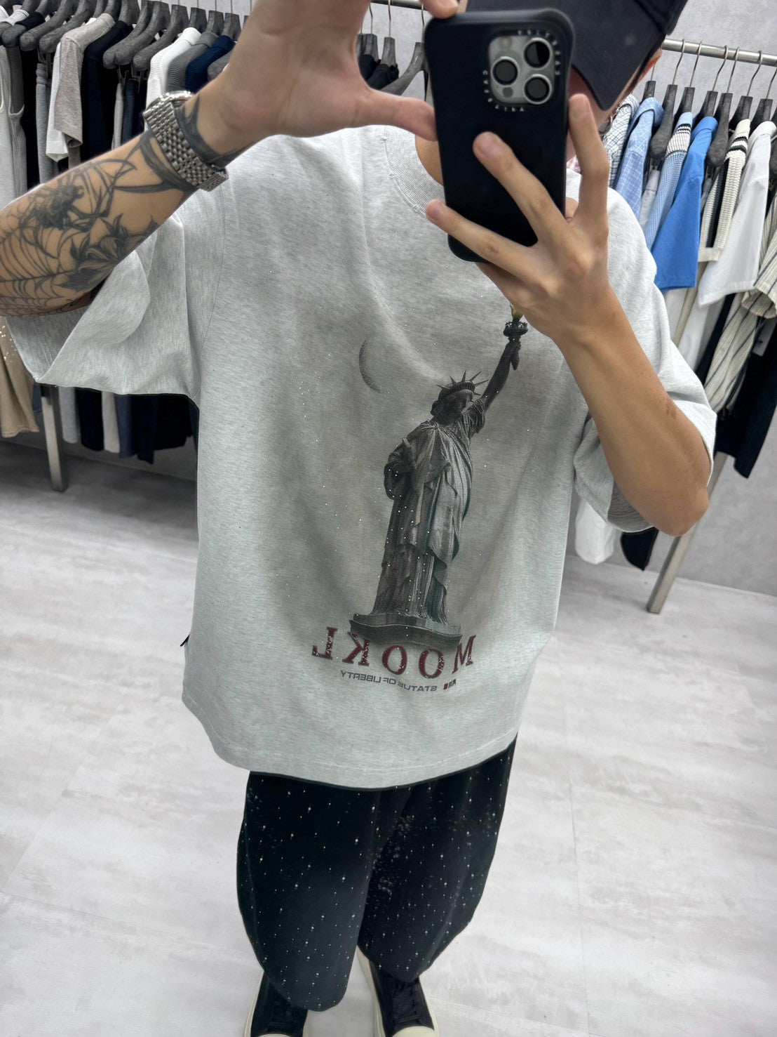 滿鑽自由女神水洗雷噴厚磅短袖