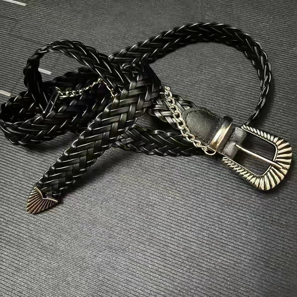 頭層牛皮牛仔編織雙扣鏈皮帶