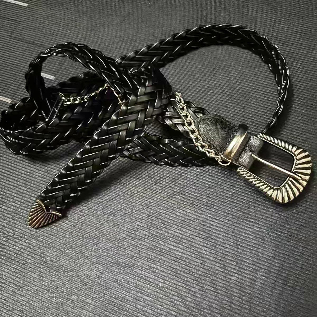頭層牛皮牛仔編織雙扣鏈皮帶