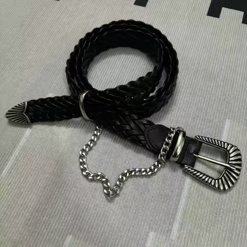 頭層牛皮牛仔編織雙扣鏈皮帶