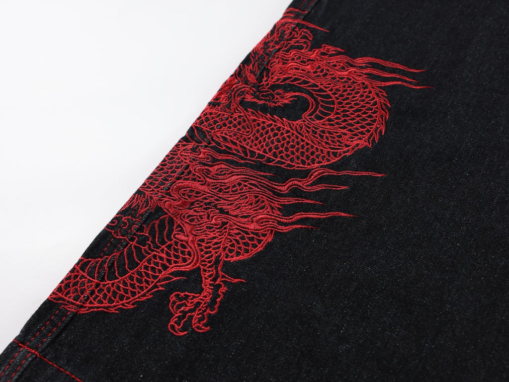 龍圖騰刺繡排釦闊腿牛仔褲