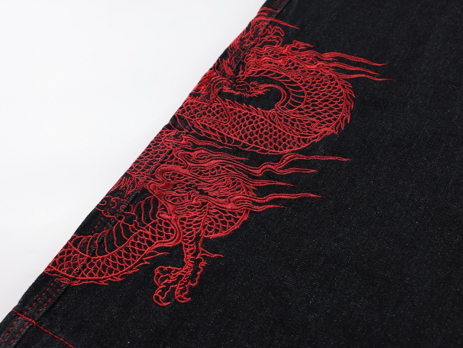 龍圖騰刺繡排釦闊腿牛仔褲