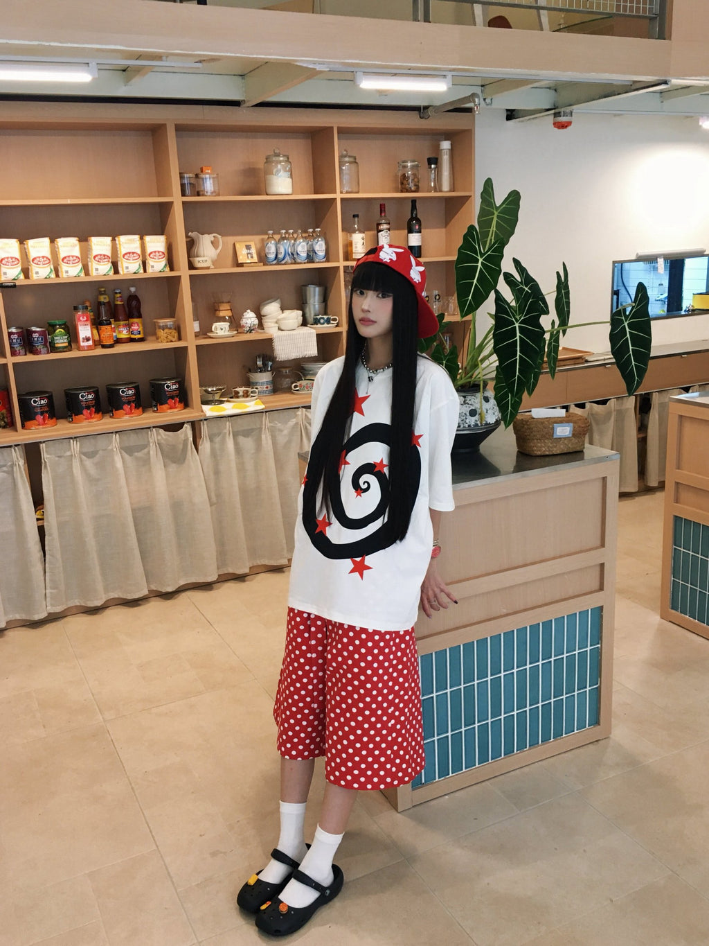 波點腰帶廓形牛仔七分褲