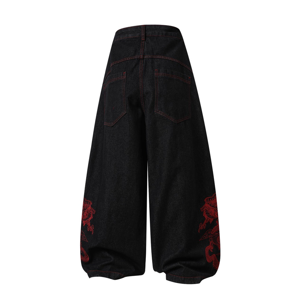 龍圖騰刺繡排釦闊腿牛仔褲