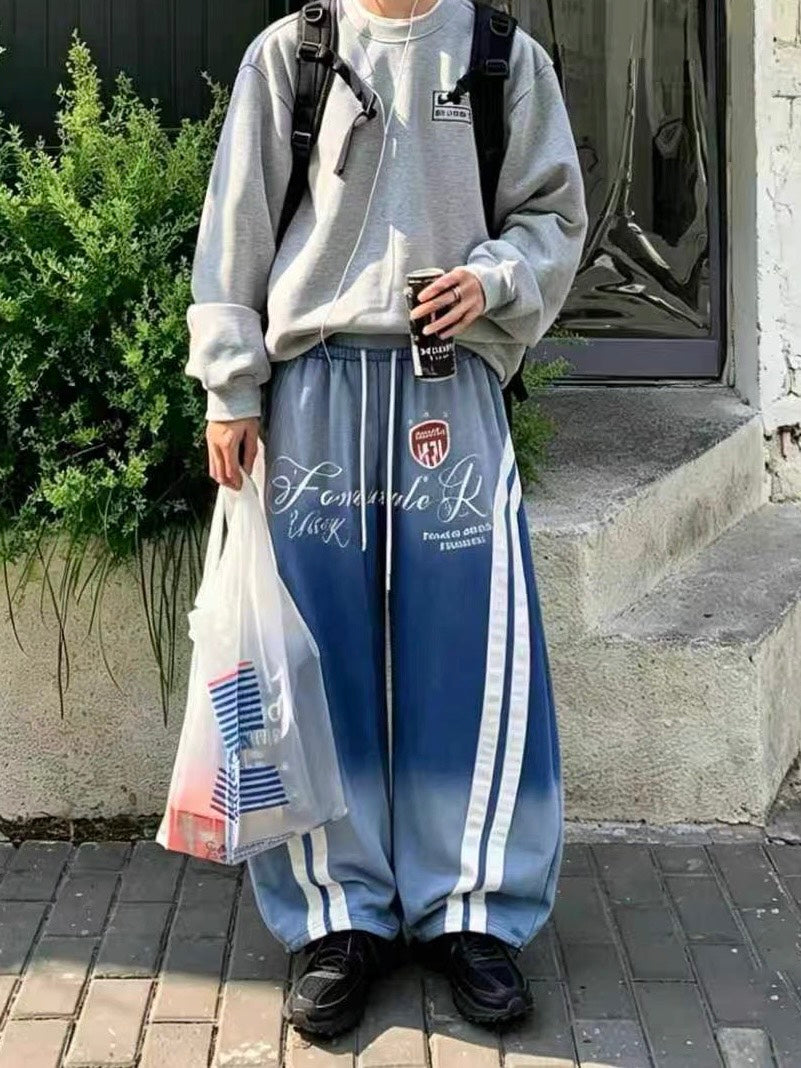 雙線滾邊草寫英字水洗渲染彎刀棉褲
