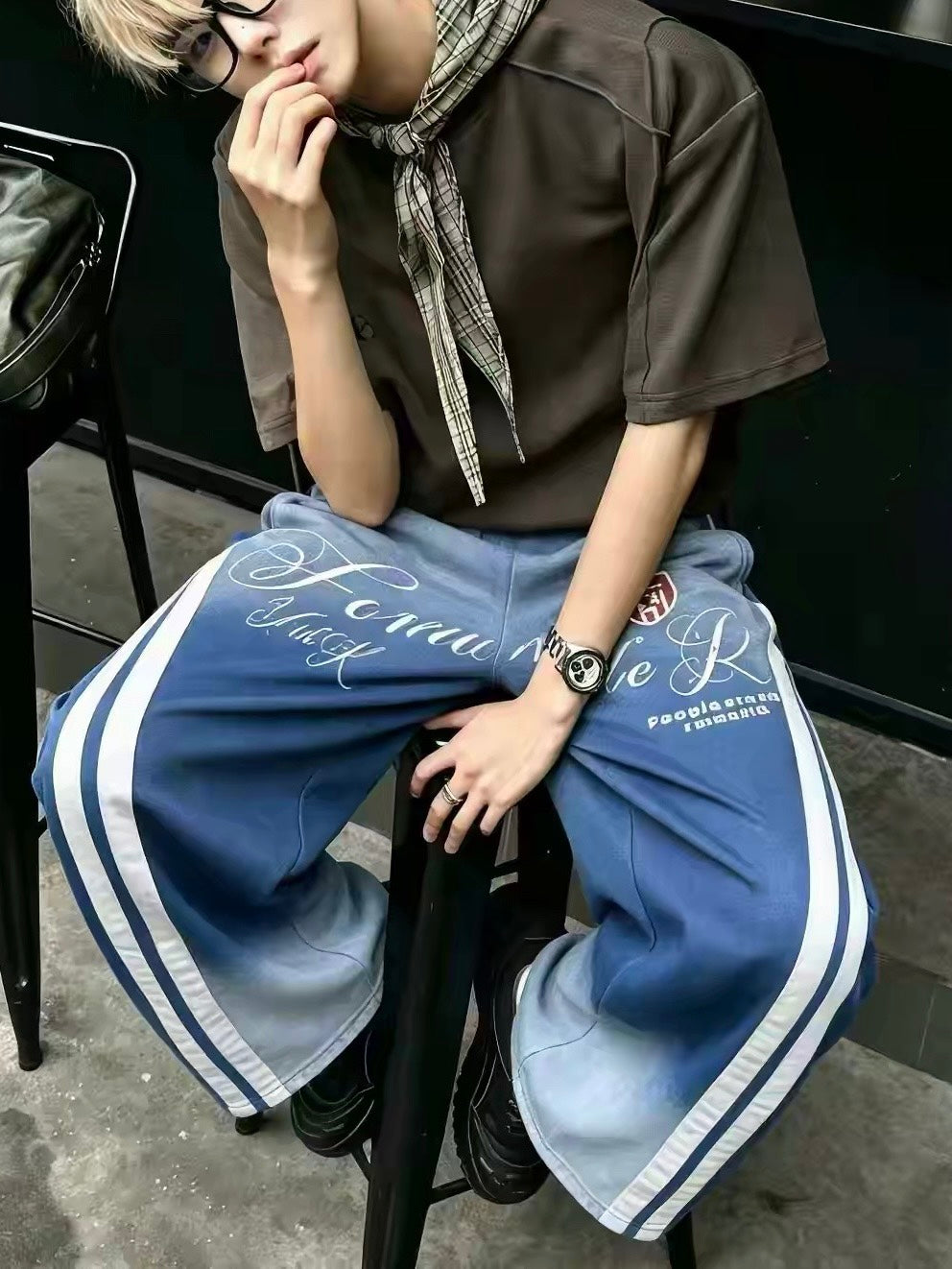 雙線滾邊草寫英字水洗渲染彎刀棉褲