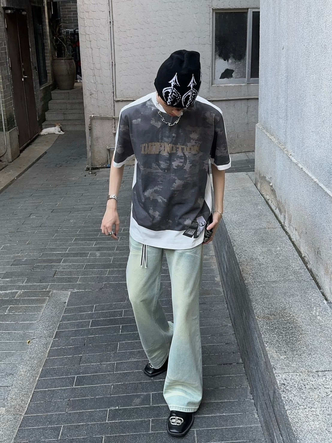 撞色雷噴迷彩T印花短袖上衣
