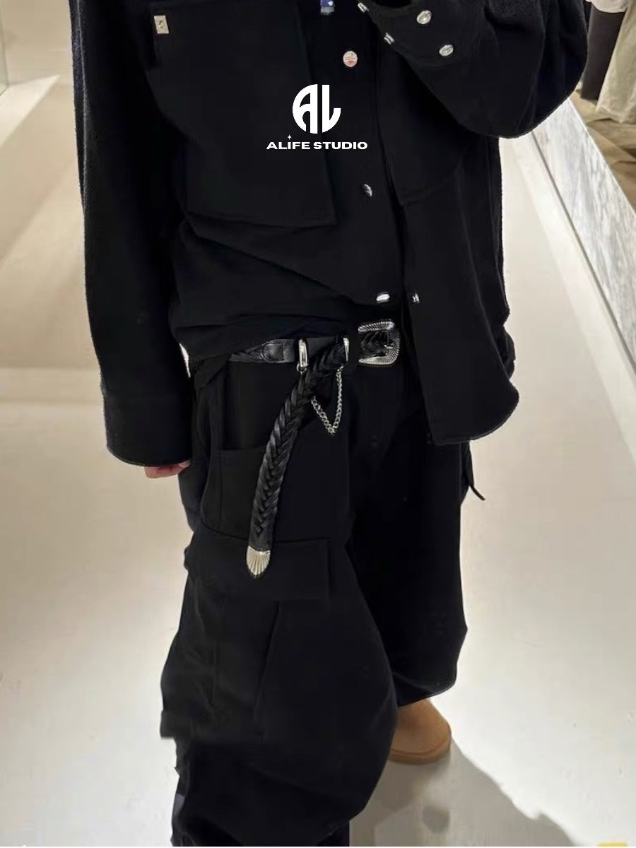 頭層牛皮牛仔編織雙扣鏈皮帶