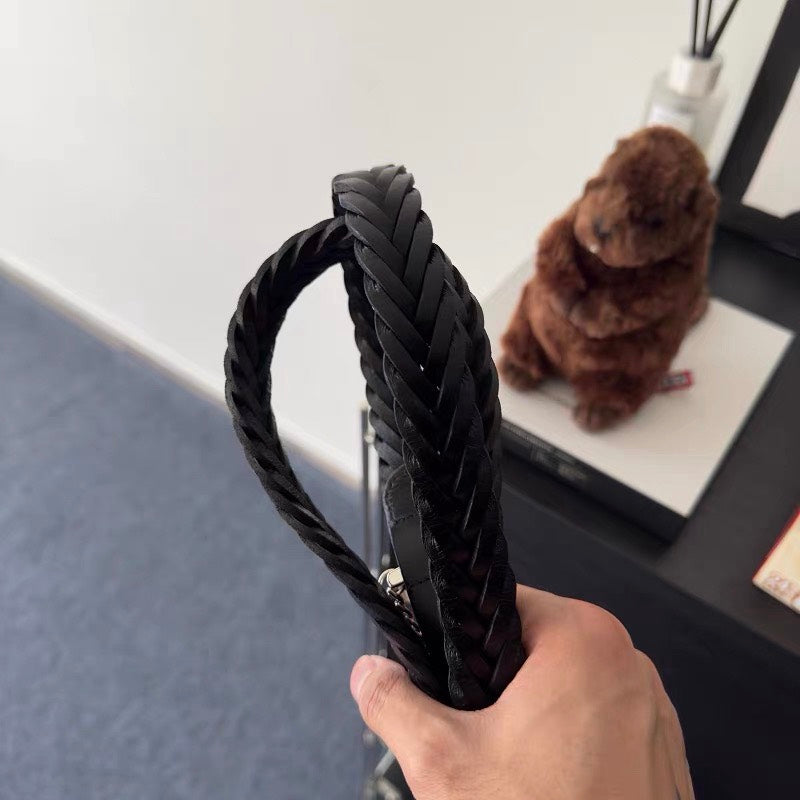 頭層牛皮牛仔編織雙扣鏈皮帶