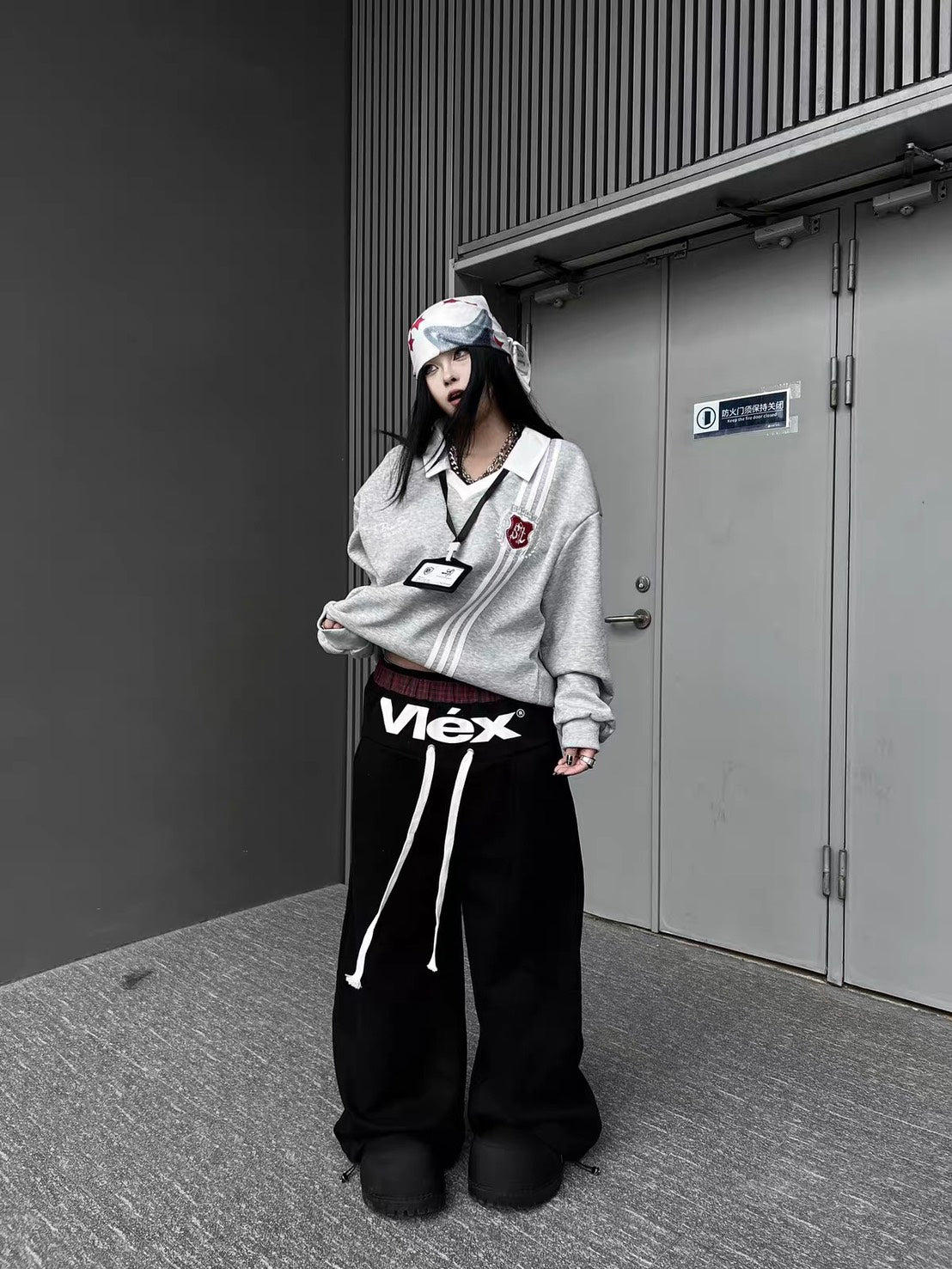 VLEX格紋雙腰頭解構棉長褲