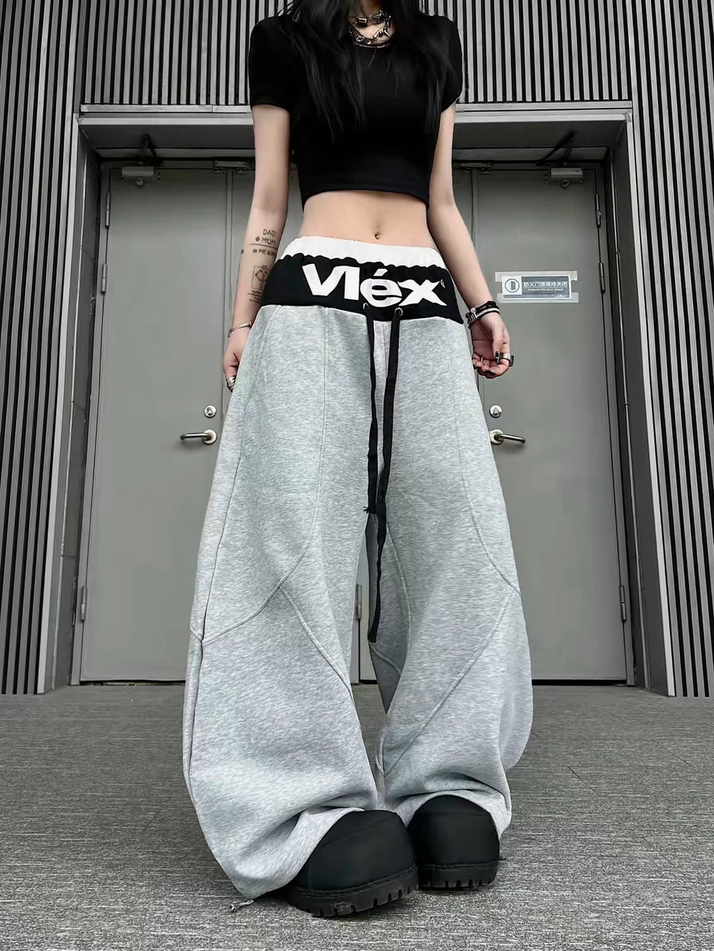 VLEX格紋雙腰頭解構棉長褲