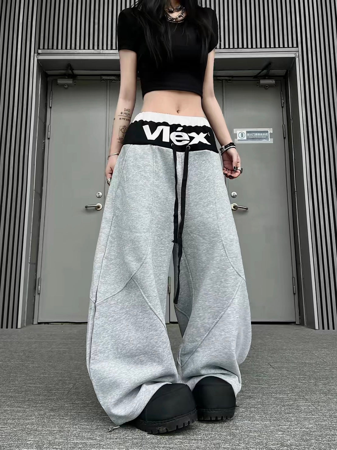 VLEX格紋雙腰頭解構棉長褲