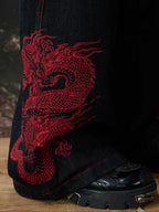 龍圖騰刺繡排釦闊腿牛仔褲