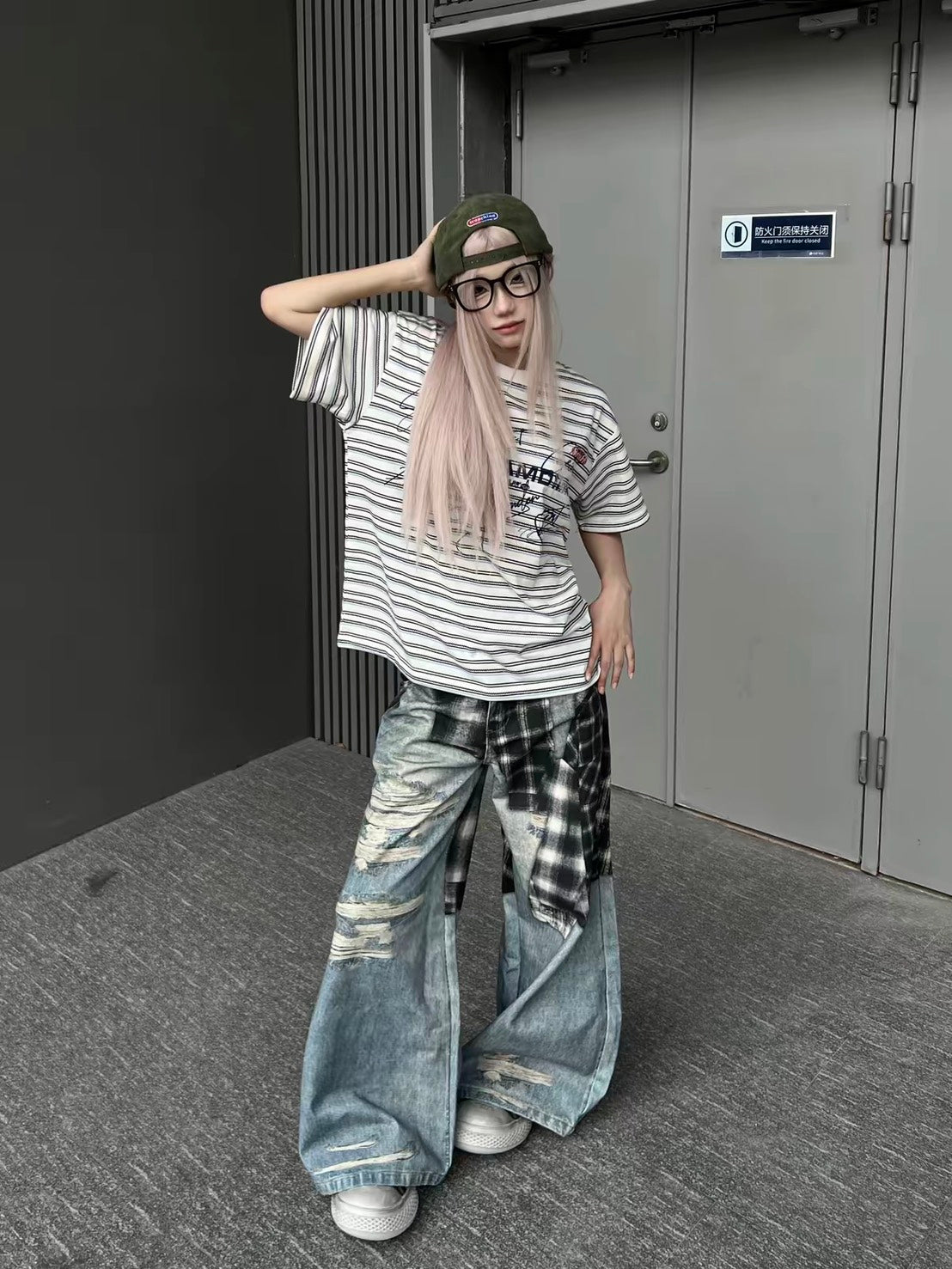 高街3D打印襯衫綁帶闊腿褲