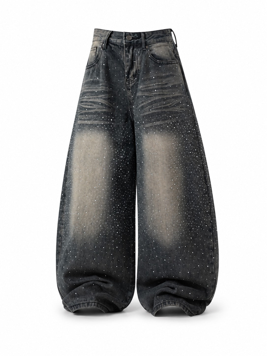重工貓鬚紋水洗燙鑽牛仔褲