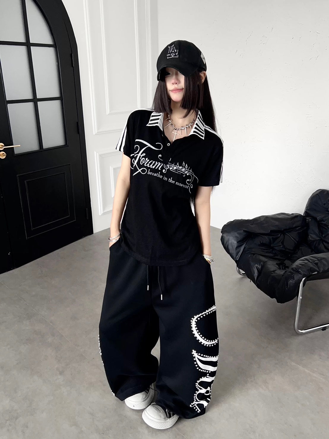 美式英字草寫卯釘闊腿棉長褲