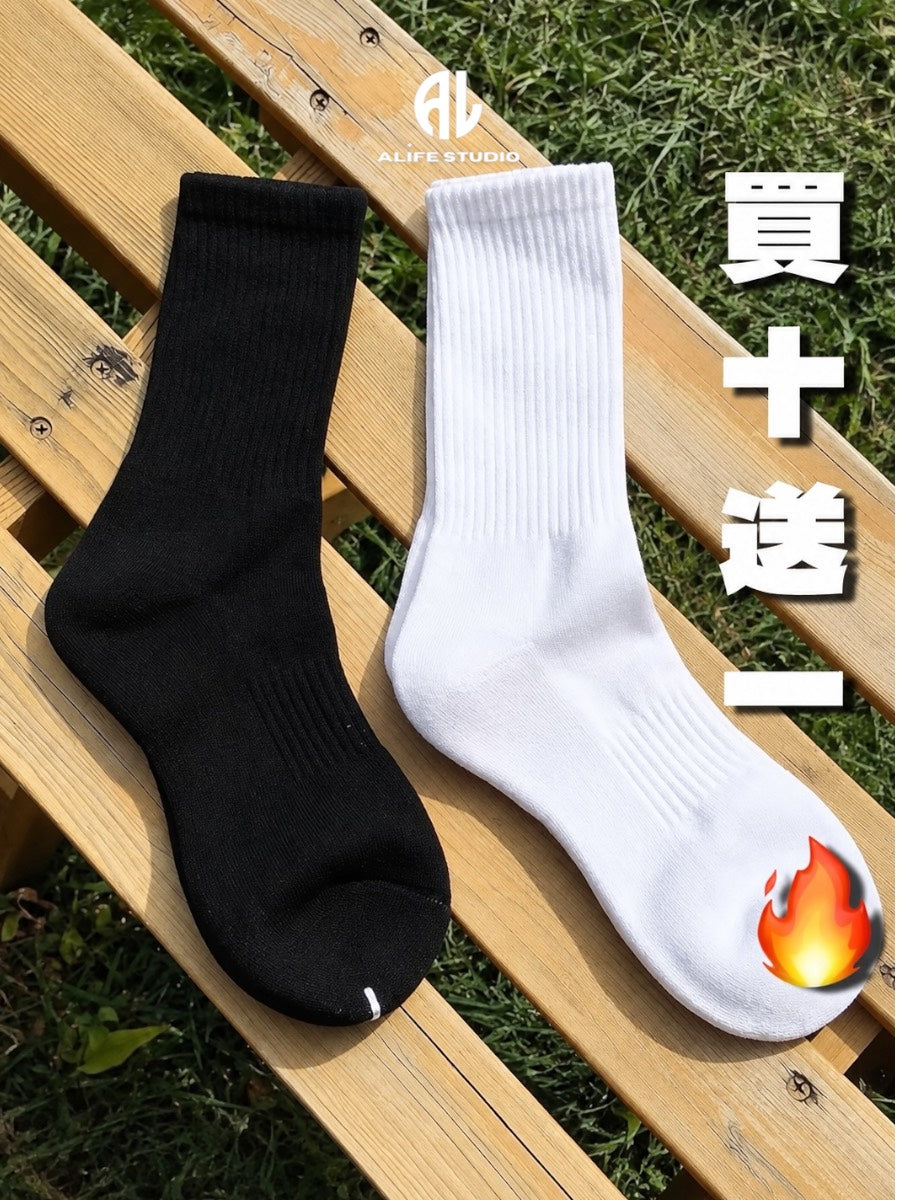 毛巾底素色百搭中筒襪
