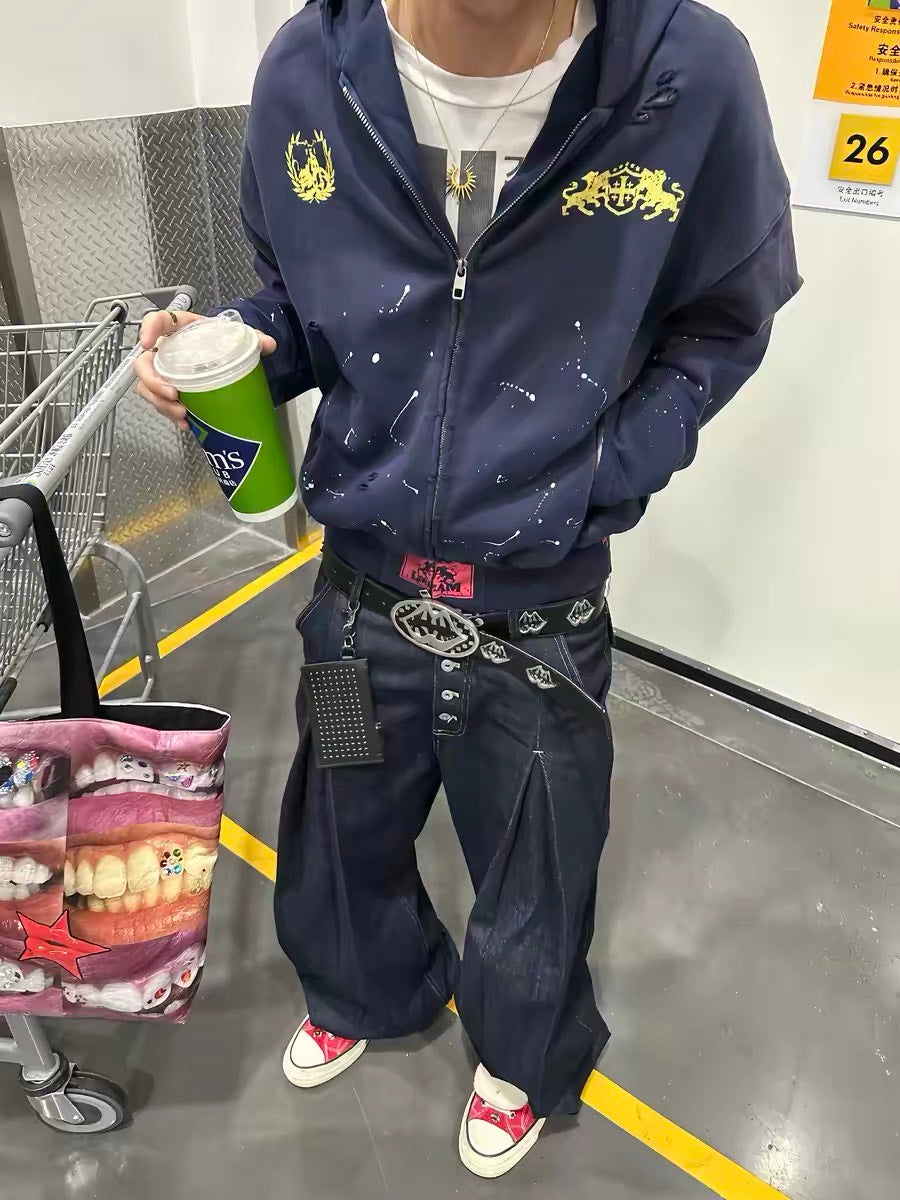 槍打破壞撞色獨角獸印花收腰連帽外套