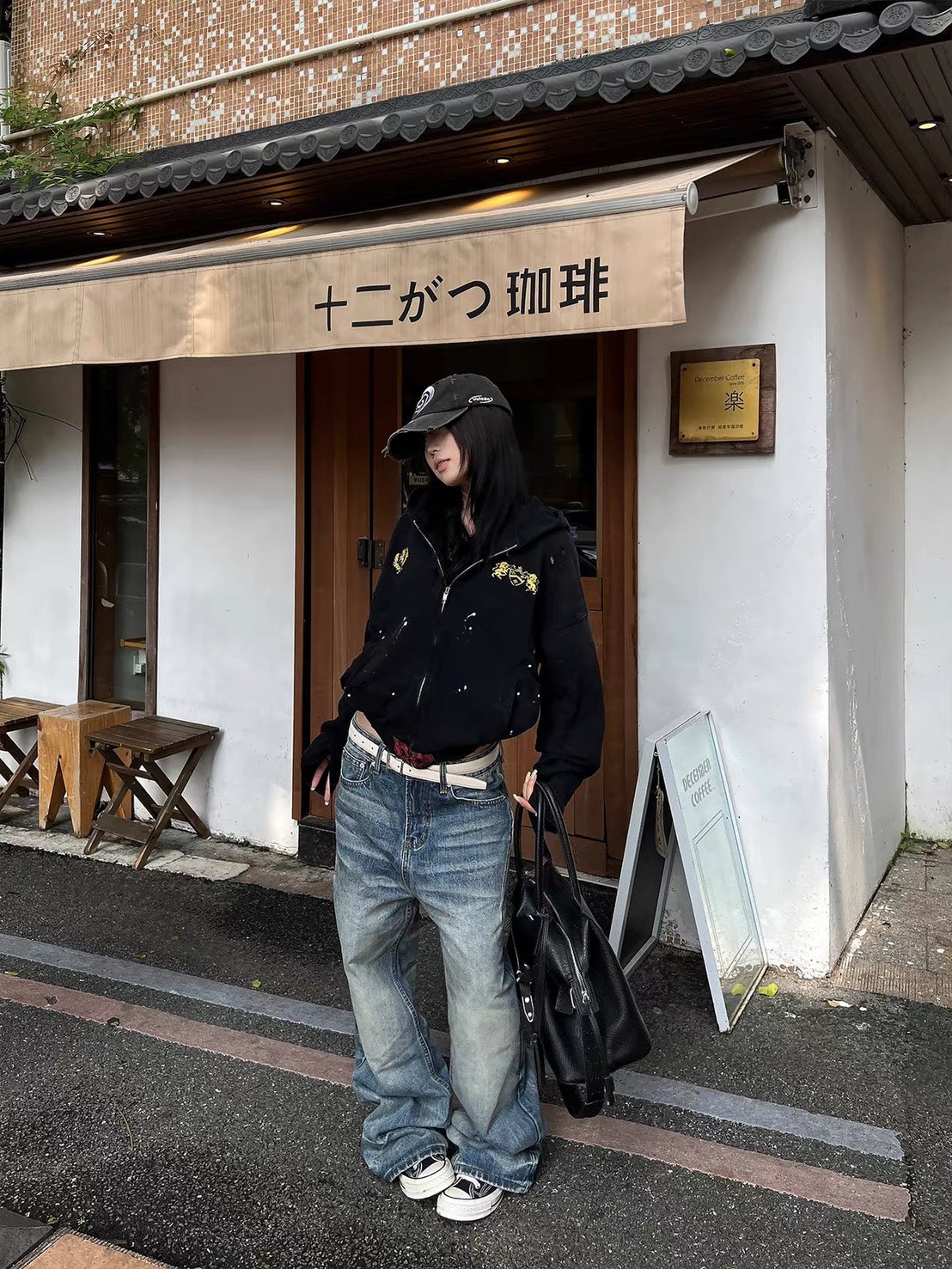 槍打破壞撞色獨角獸印花收腰連帽外套