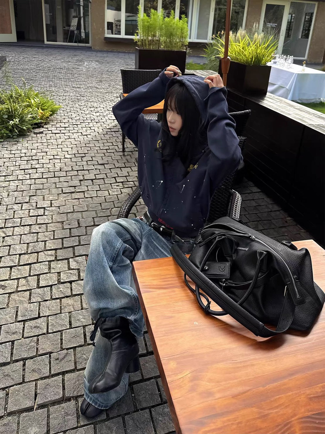 槍打破壞撞色獨角獸印花收腰連帽外套