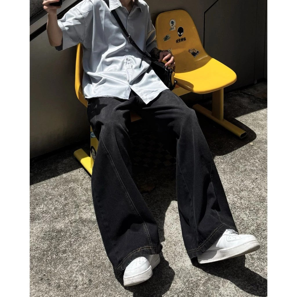 爆裂冰紋水洗做舊刷色車線牛仔彎刀褲