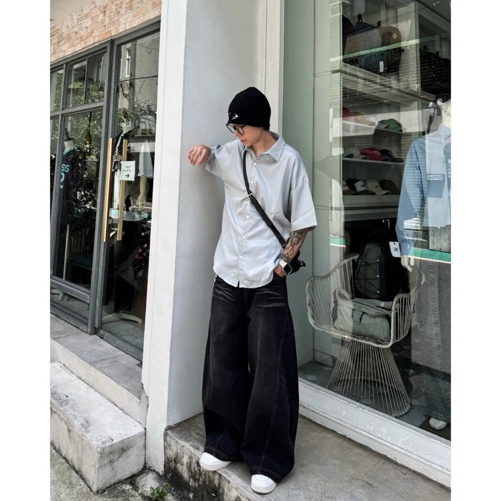 爆裂冰紋水洗做舊刷色車線牛仔彎刀褲